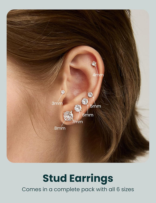6 Pairs Stud Earrings Set, Hypoallergenic Cubic Zirconia 316L Earrings Stainless Steel CZ Earrings 3-8mm (Steel color)